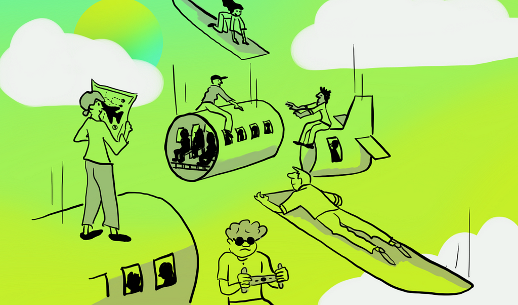 An illustration of people building an aeroplane as it’s in the air.
