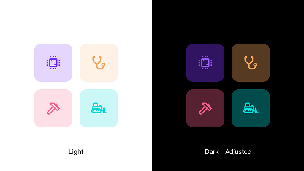 Left: Brand colours on white. Right: Adjusted brand colours on dark.