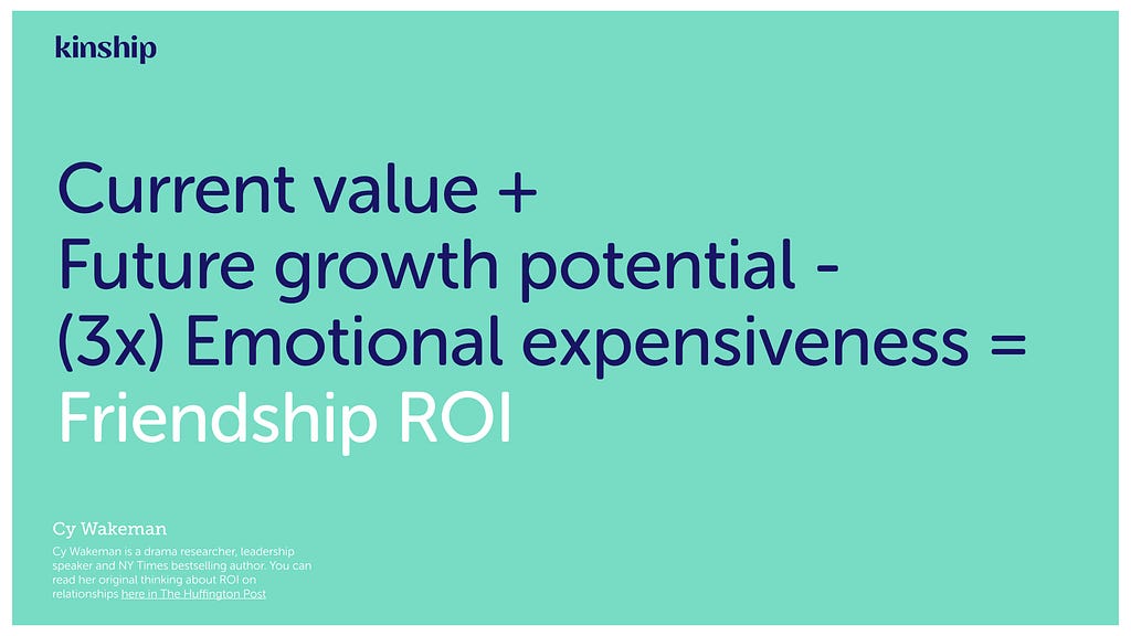 This equation states that friendship ROI is derived from the value of the friendship, plus its future value minus the drama!