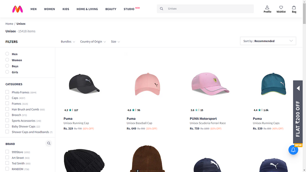 Screenshot of items tagged ‘Unisex’ on Myntra, showing Caps in the search results; Items to the left of the navbar are- Men, Women, Kids, Home and Living, Beauty and Studio