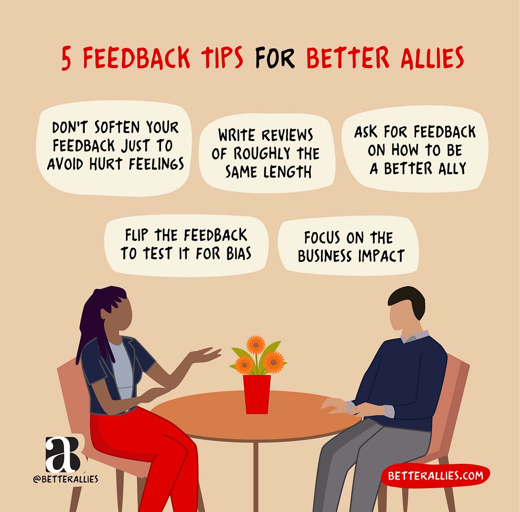 Drawing of a Black person and a white person at a table. Text: 5 Feedback Tips for Better Allies, with all tips in this post.