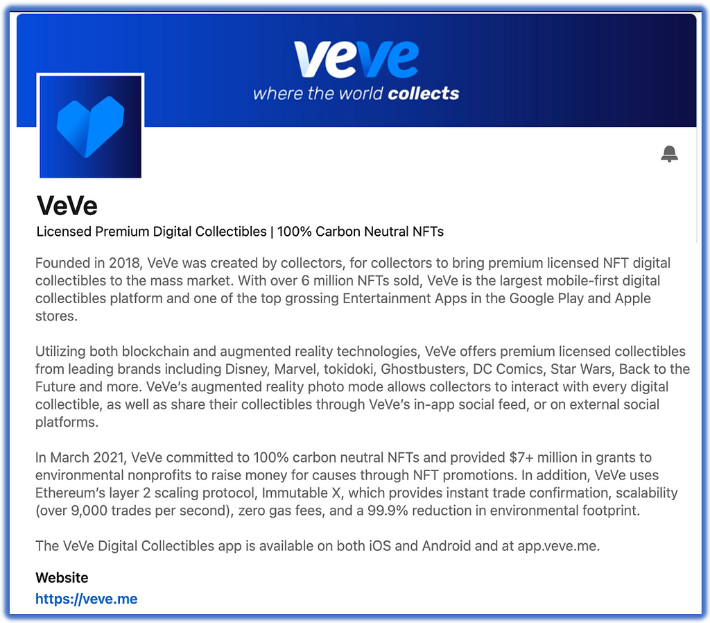 Veve Digital Collectibles — LinkedIn Page: https://www.linkedin.com/company/veve-digital-collectibles/about/