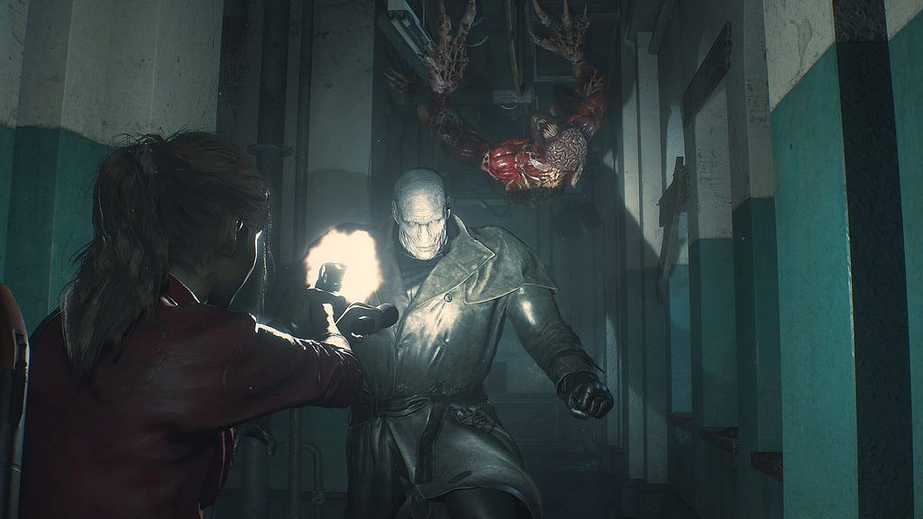 Screenshot from Resident Evil 2 Remake, featuring Claire Redfield shooting at a tyrant in a dark hallway.