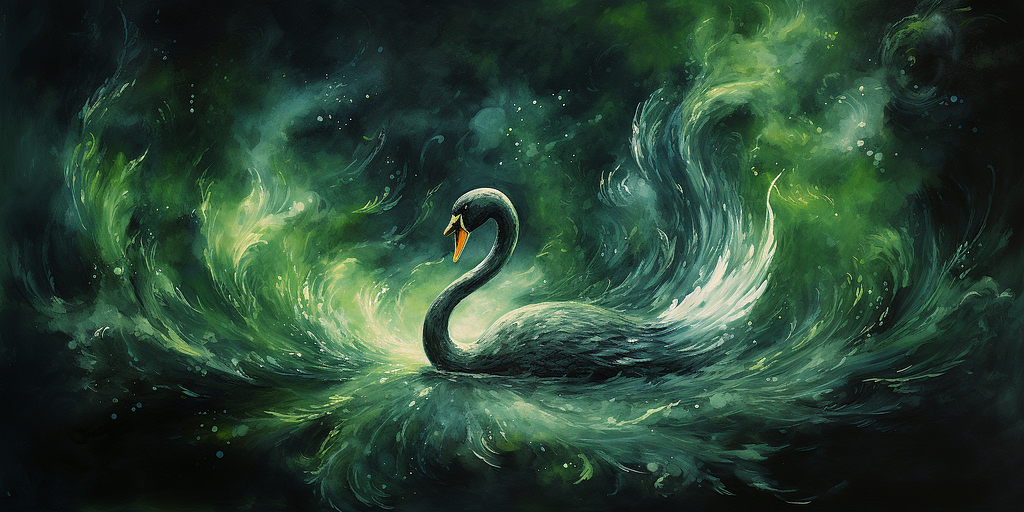 a black swan with green swirls and flames around it