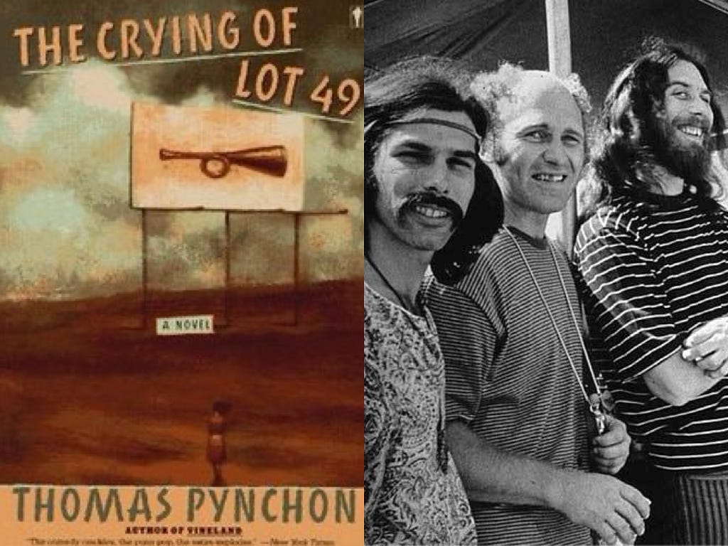 Book cover of The Crying of the lot 49 and a photo of Ken Kesey