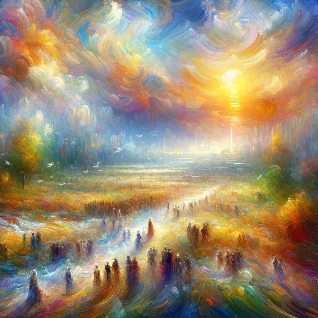 The impressionist style picture capturing humanity’s search for God has been created, featuring a vibrant landscape filled with people on their spiritual journeys. This scene conveys a sense of motion and emotion, reflecting the personal and collective quest for divine understanding.