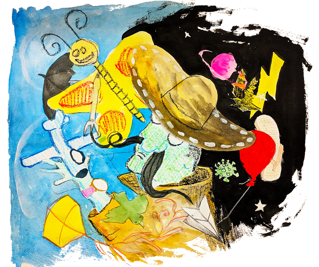 Na imagem, vê-se uma figura masculina vestindo um enorme chapéu e ostentando um grande bigode. Ao redor desta figura, estão diversos objetos voadores, como um avião, uma borboleta, uma pipa, um morcego, um relâmpago, um guarda-chuva, um balão, um pássaro, um avião de papel e um chinelo, entre outras.
