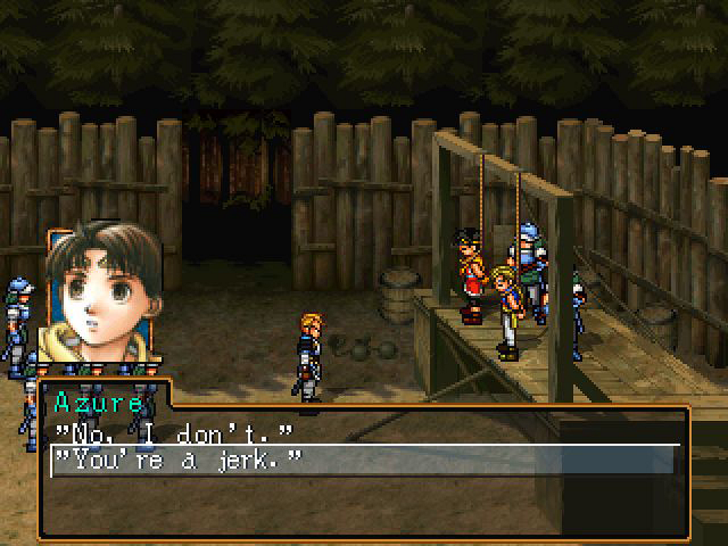 Game still: Riou and Jowy on a gallows while Riou (here named Azure), decides to say “You’re a jerk.”