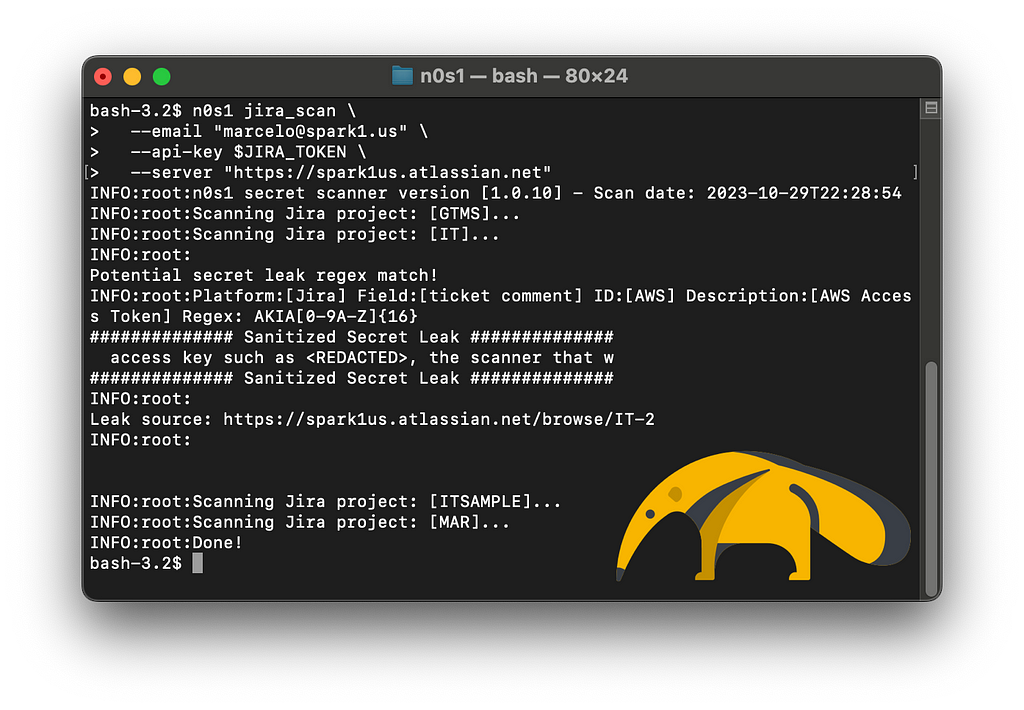 A bash terminal running n0s1 secret scanner that is flagging an AWS access token exposed in Jira. n0s1 icon on the bottom left corner