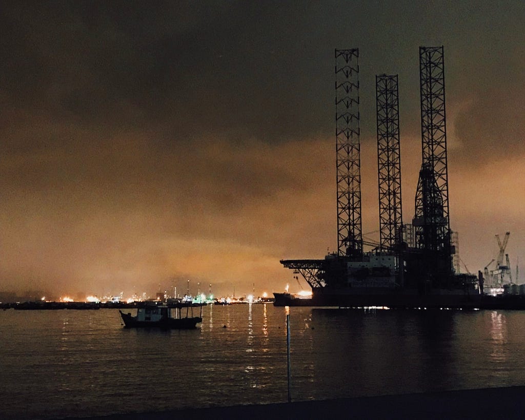 A large container ship and a small boat pictured at the shores of Singapore’s West Coast Park at night.