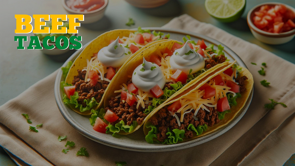 A plate of freshly assembled beef tacos topped with lettuce, tomatoes, cheese, and sour cream, ready to be served