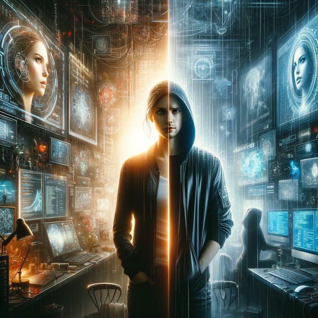 A dual-themed image split between two contrasting environments. On one side, Valeria in her high-tech AI laboratory, a space filled with holographic displays and futuristic interfaces, as she stands with a contemplative expression, surrounded by advanced machinery and a complex network of floating equations. Her side of the image radiates with the glow of technology and progress, capturing her awe and the slight trepidation about the future she’s building.