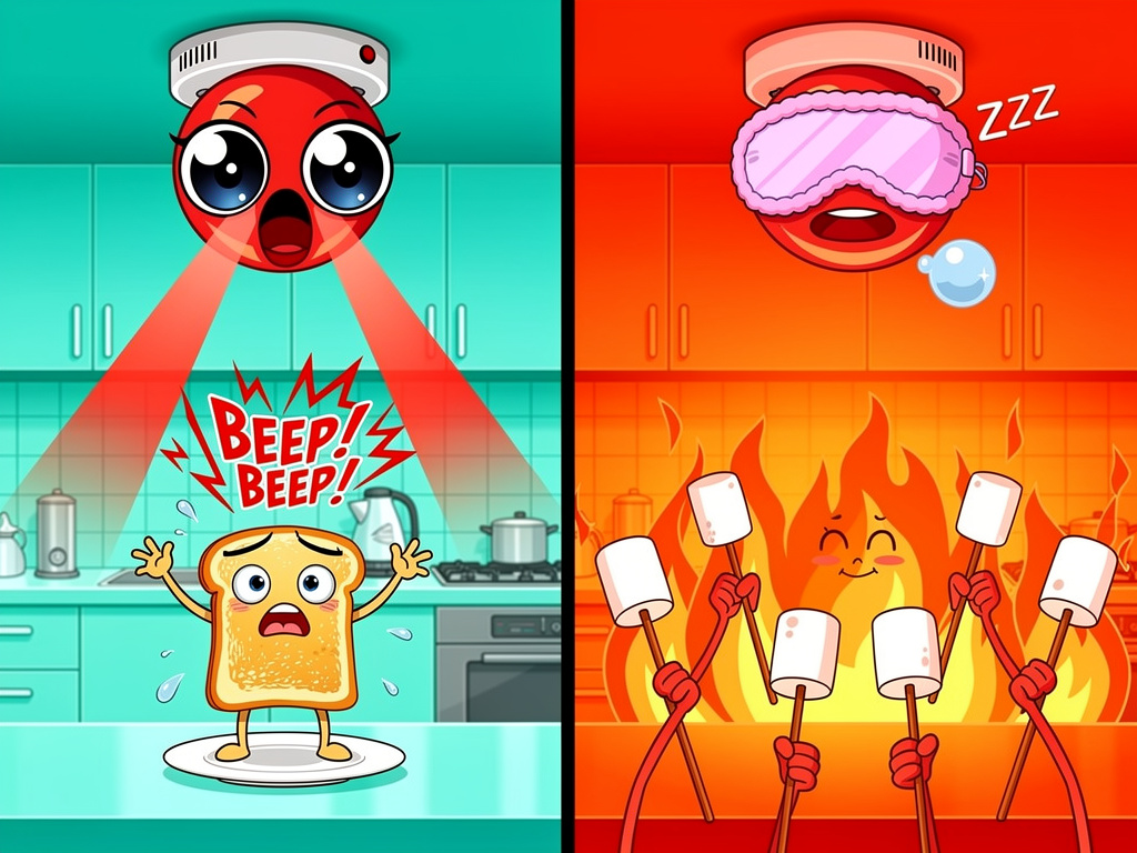 Funny smoke detector cartoon explaining Type 1 error as false alarm on toast and Type 2 error as missing a real fire