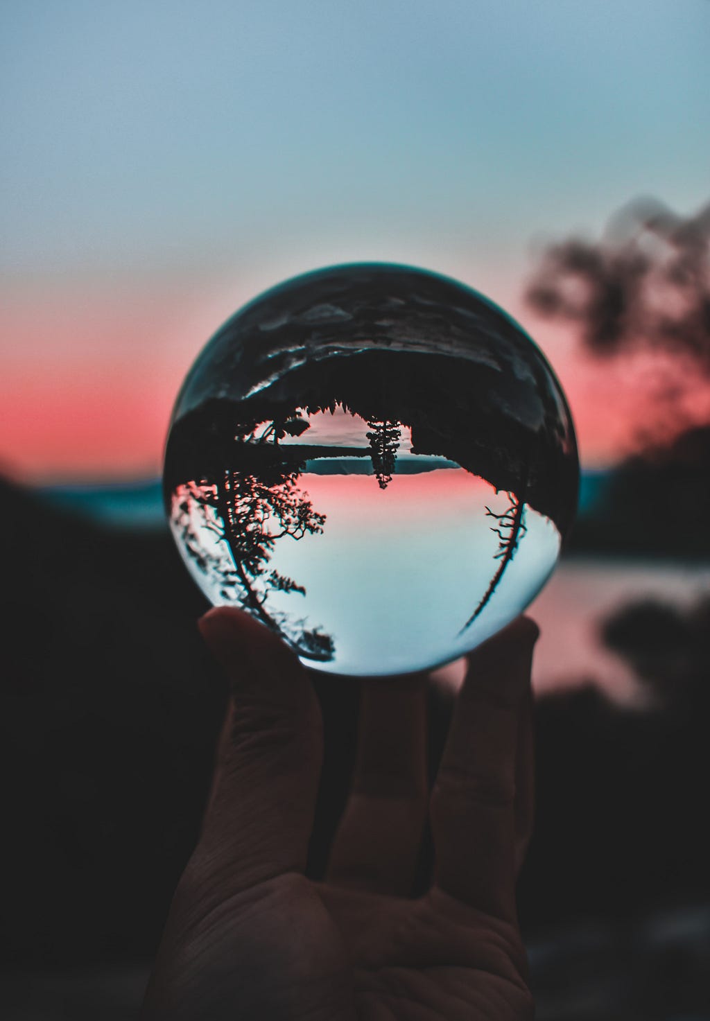 Photo of glass ball reflecting trees and sky upside-down, by Mathilda Khoo on Unsplash