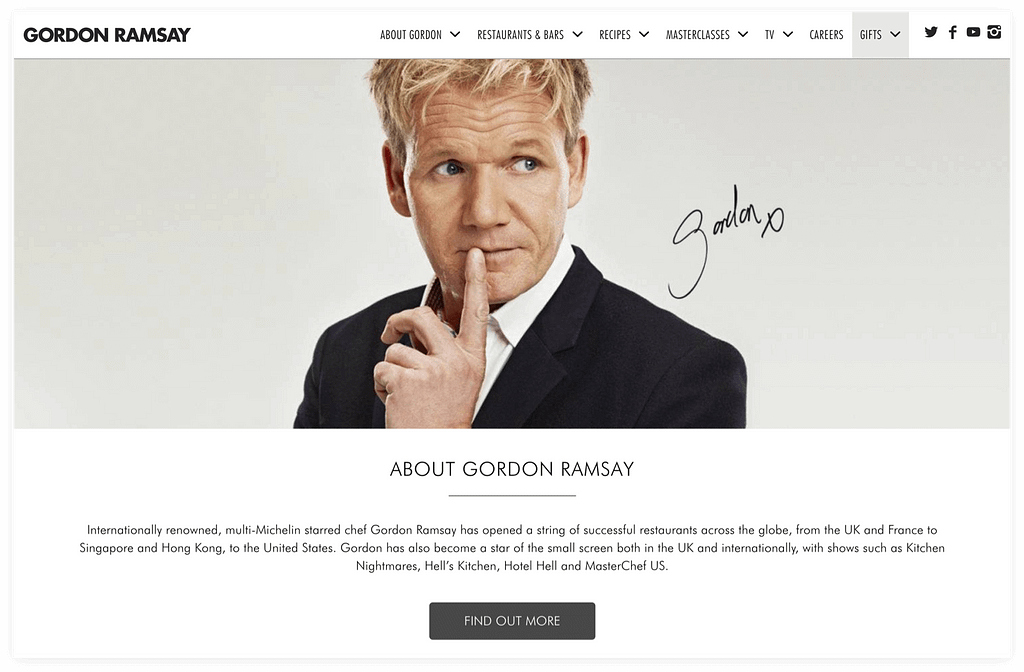 Gordon Ramsay’s website before revising the copy and visual design.