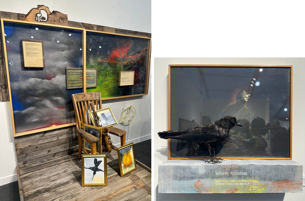 Right: Assemblage work with paintings, wood platform and chair. Left: Assemblage work with black crow.