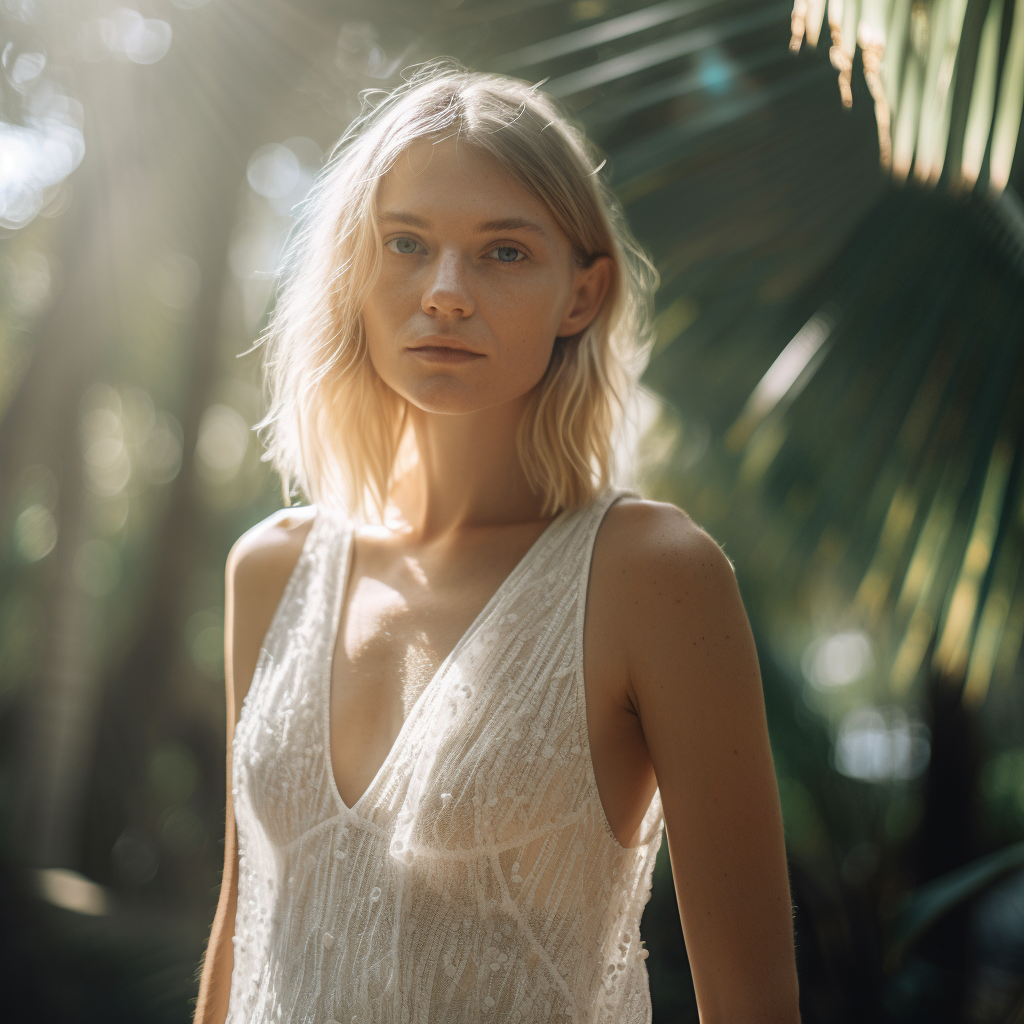 Photorealistic AI-generated portrait of a blonde woman with detailed facial features and a tropical background, created using Midjourney
