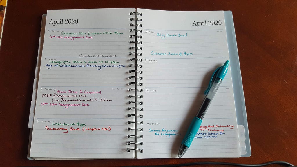 Planner for the Week of April 6–12 with color coded deadlines