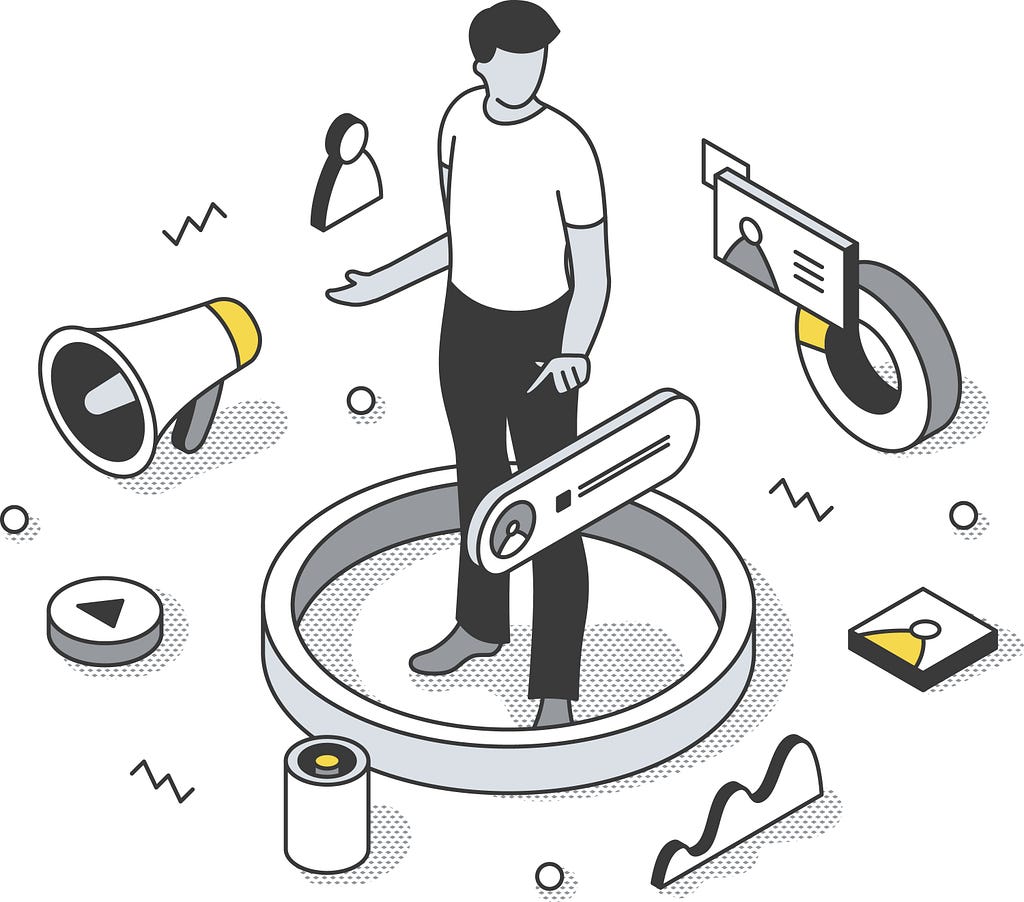 illustration of a man looking at the different elements of a CRM system to drive user engagement.