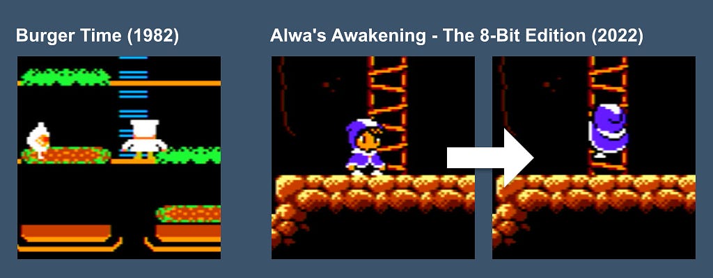 Comparing BurgerTime to Alwa’s Awakening, a comparison of the distance the player needs to be from the ladder to use it.