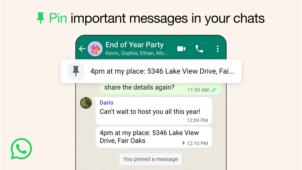 Whatsapp Pinninggroup feature, a message between friends one of the messaging, featuring an address, pinned at the top