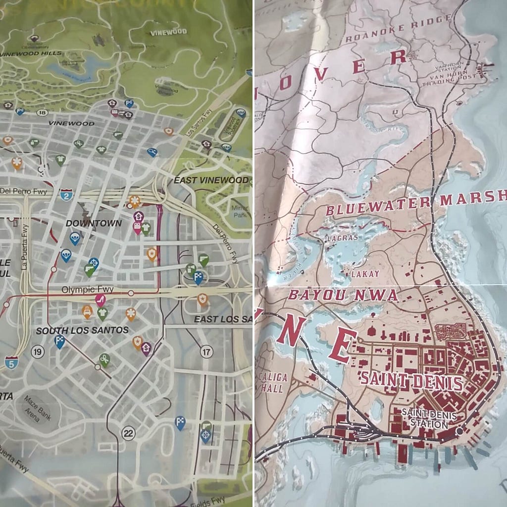 Photogrphs of the Grand Theft Auto V and Red Dead Redemption 2 game maps