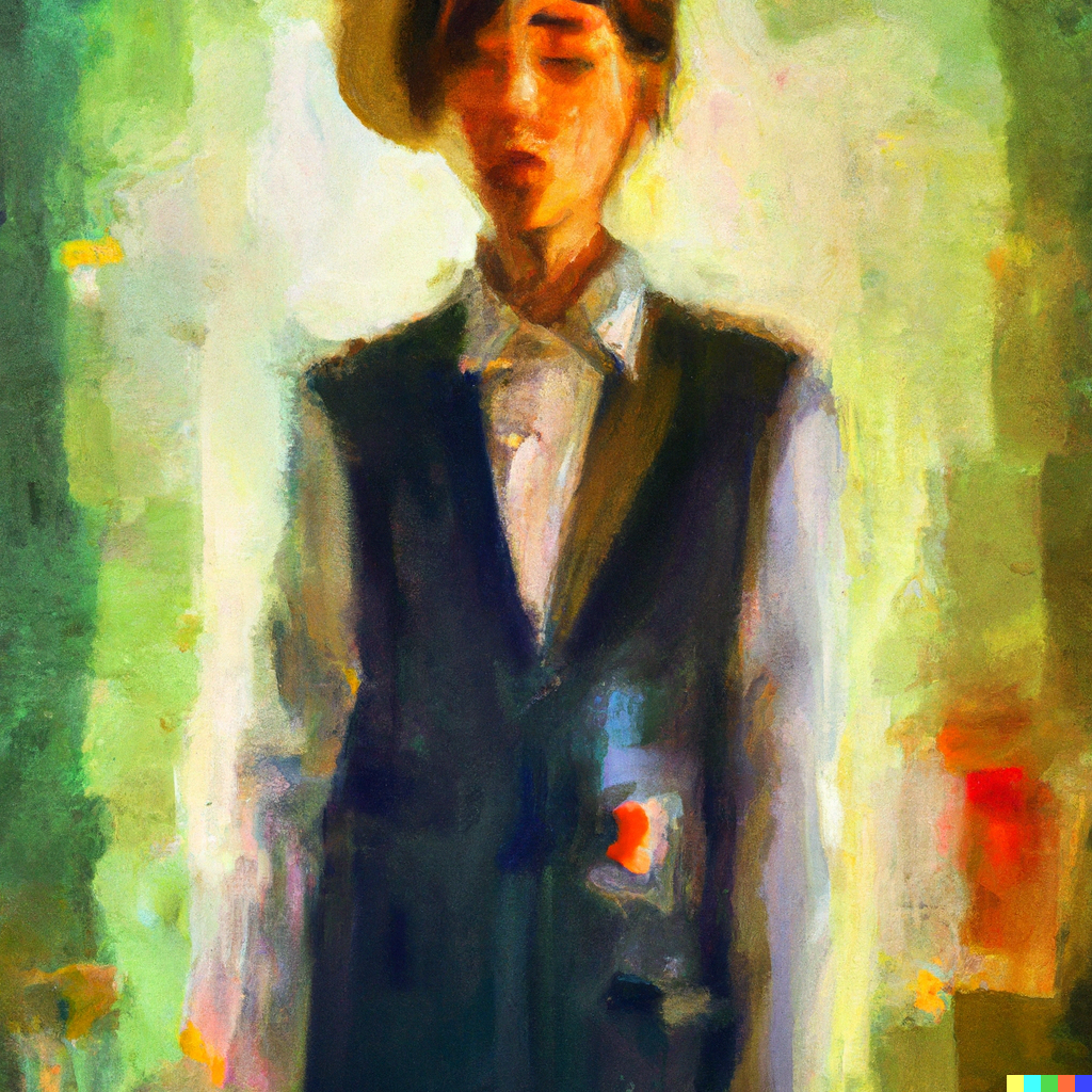 human figure standing, visible from the waist up — top of the head is slightly cropped. They’re wearing a loosely fitting, dark grey waistcoat and white dress shirt and what appears to be a straw-colored hat. They’re standing an emerald background, reminiscent of bamboo trees in the spring. Done in a a similarly impressionist style.