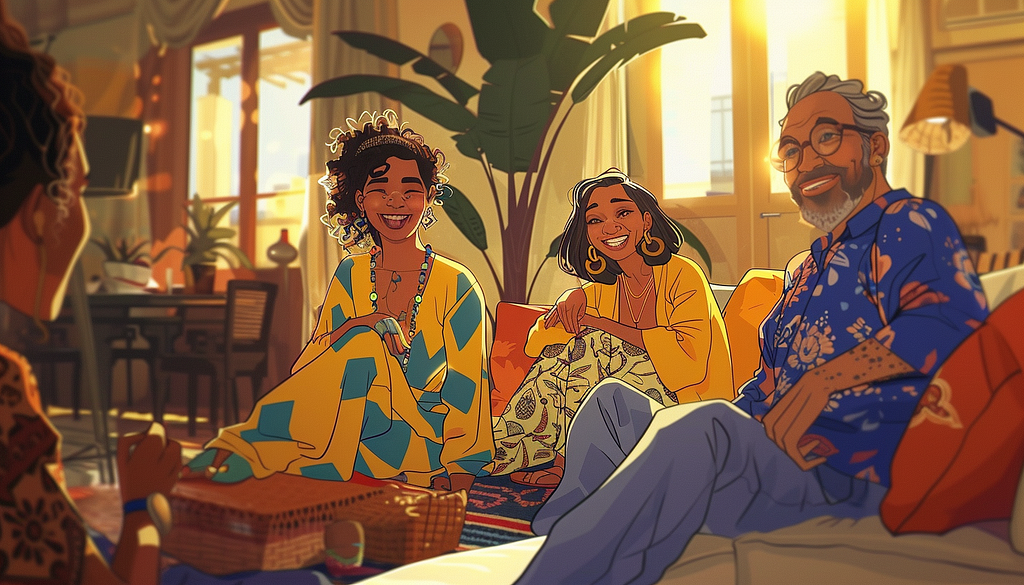 a caricature style scene of a moroccan indian family seated on a couch