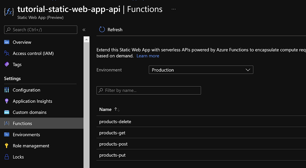 Screenshot of Functions tab selected in the Static Web App created in the Tutorial (sample name: tutorial-static-web-app-api). Displays the 4 function apps deployed in the Static Web App (products-delete, products-get, products-post, products-put).