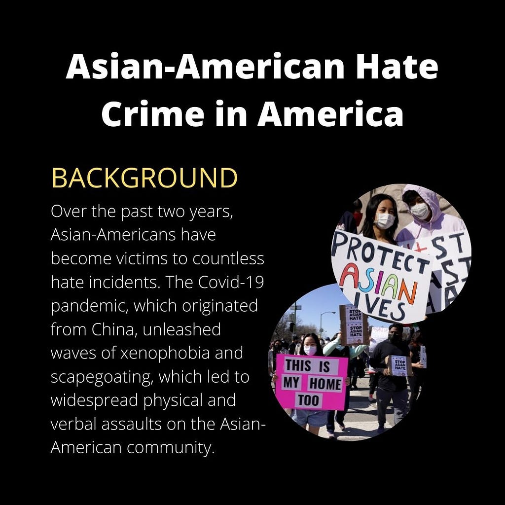 A graphic titled “Crime in America.” Pictures of protesters at Anti-Asian hate rallies with signs that say “protect Asian lives” and “this is my home too.” Text: “Background: Over the past two years, Asian-Americans have become victims to countless hate incidents. The Covid-10 pandemic, which originated from China, unleashed waves of xenophobia and scapegoating, which led to widespread physical and verbal assaults on the Asian-American community.”