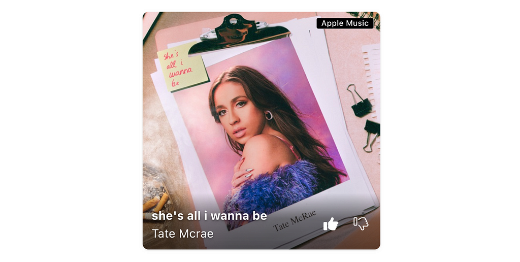 Album art for “she’s all i wanna be” by Tate Mcrae, as seen in the Aiir Player. The album art is overlaid with the artist and title on the bottom left, and thumbs up/down icons on the bottom right. The ‘Thumbs up’ icon is filled in to show it has been selected.