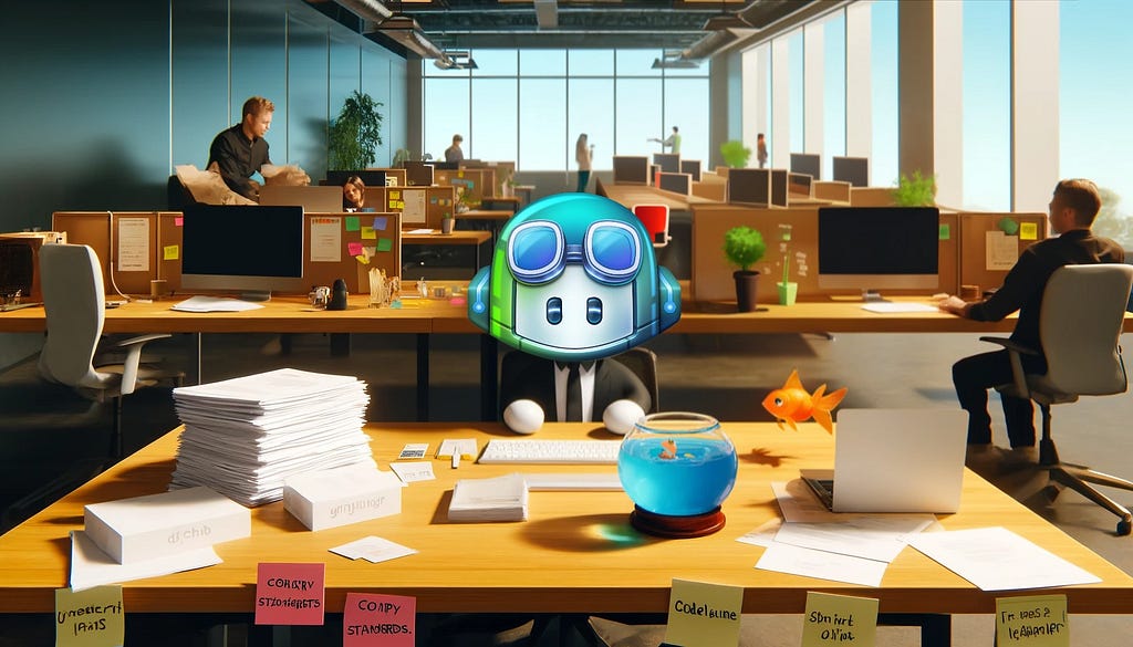 GitHub Copilot mascot sitting at a desk in an office environment with a laptop and a stack of documentation on the desk.