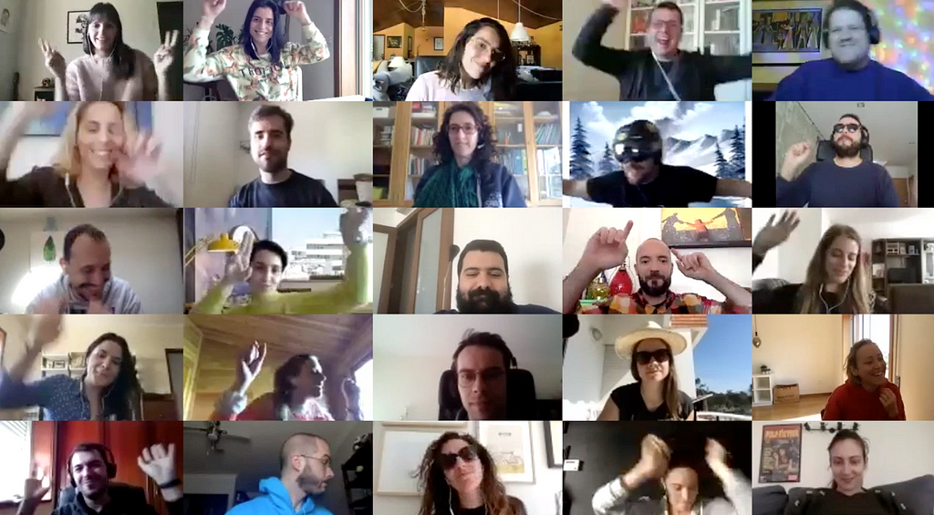 Screen shot of a zoom call with 25 people with dancing movements/expressions