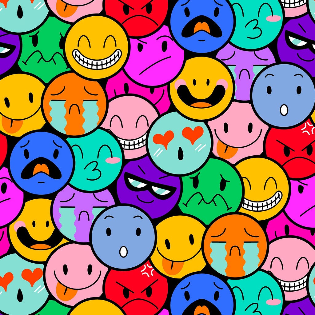 Colourful illustration showing different feeling emojis