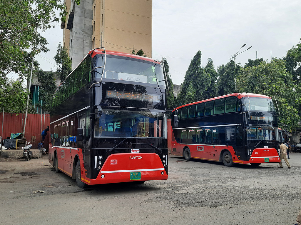 2 electric double decker buses at backbay depot, mumbai