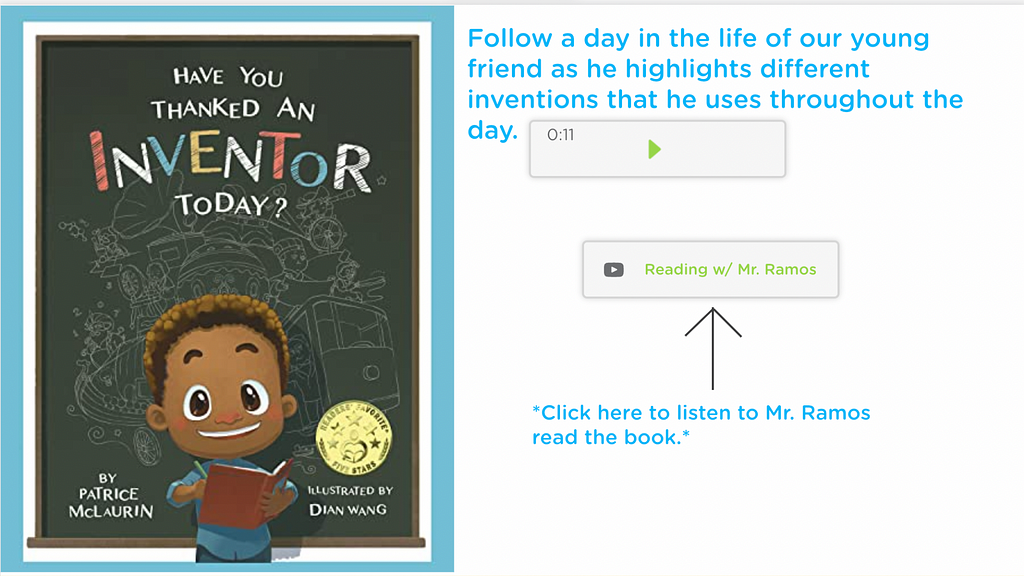 Screenshot of a Classkick assignment where students can follow a day in the life of our young friend as he highlights different inventions that he uses throughout the day. There is an audio clip that students viewing this assignment would be able to listen to.