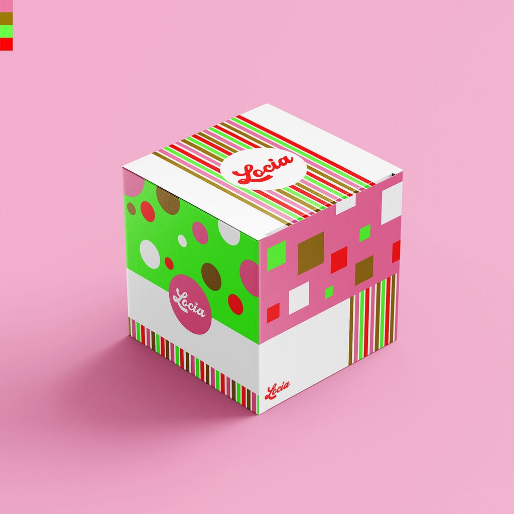 Box packaging design with the four selected colors.