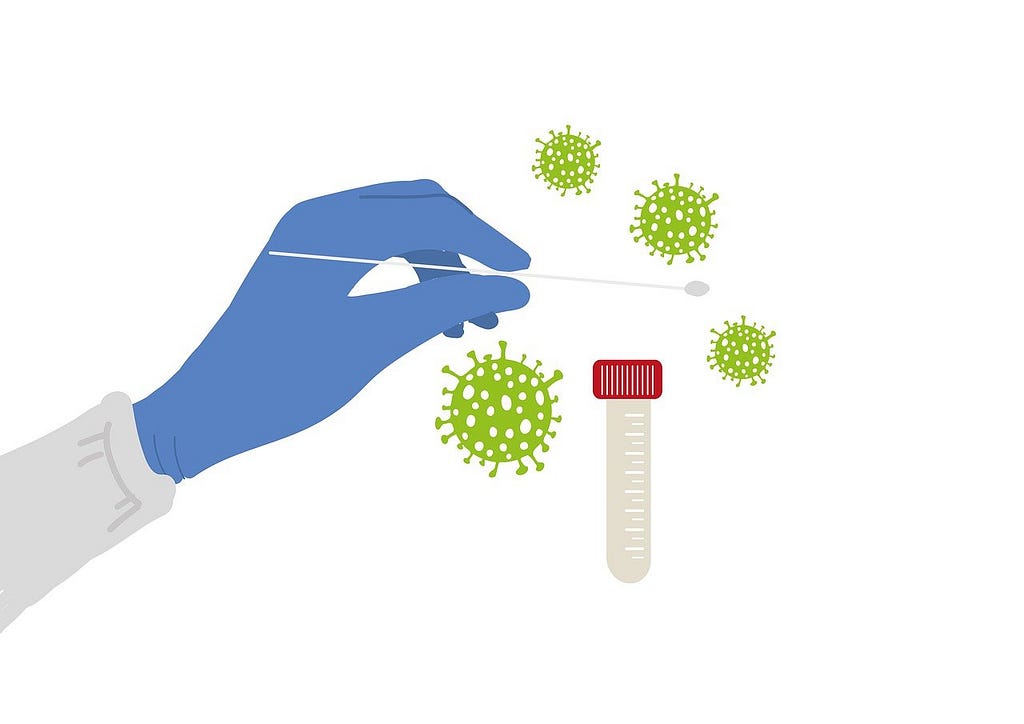 Image of a gloved hand with a nasal swab and a sample tube surrounded by virus molecules