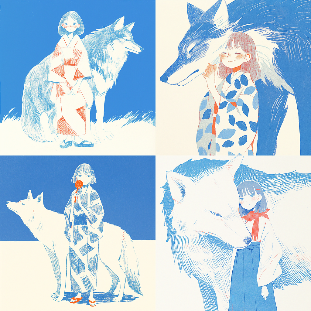 A girl with a wolf in Risograph print style: Blue, red and white