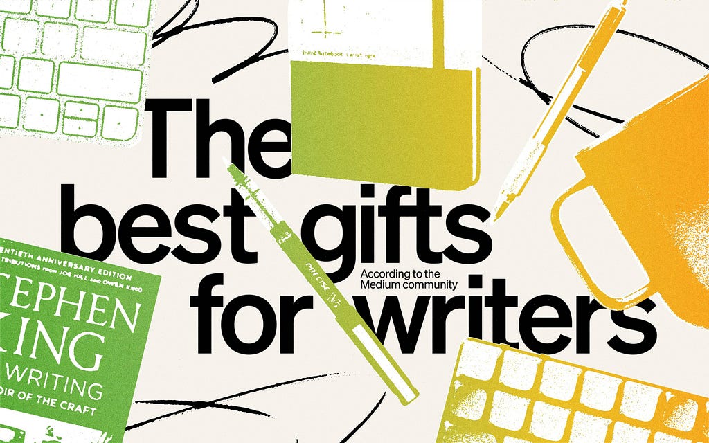 An illustration showing pens, notebooks, keyboards, and book, with the headline “The best gifts for writers, according to the Medium community”