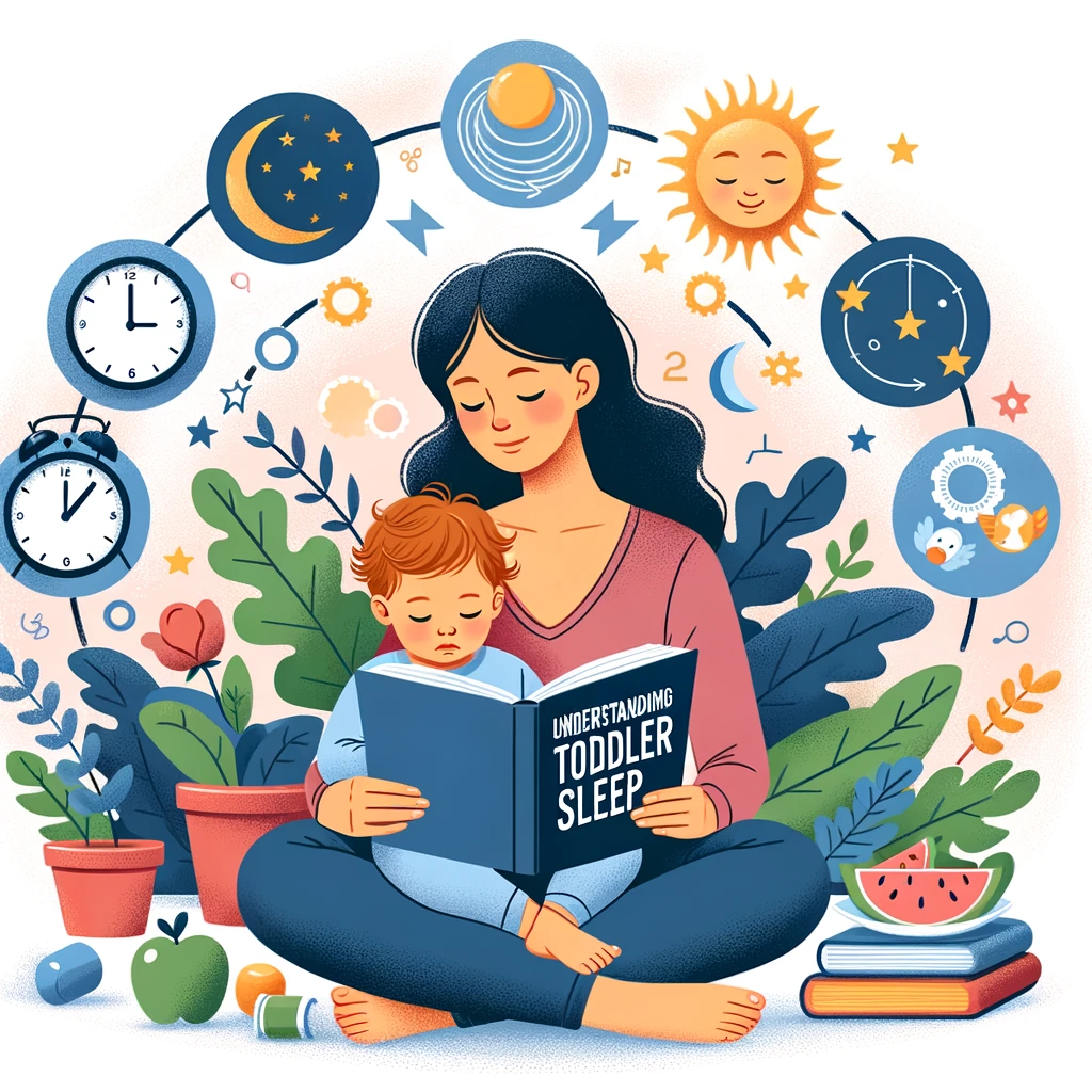 Mother and toddler delving into the intricacies of sleep, surrounded by symbols of circadian rhythm, nutrition, and sleep cycles