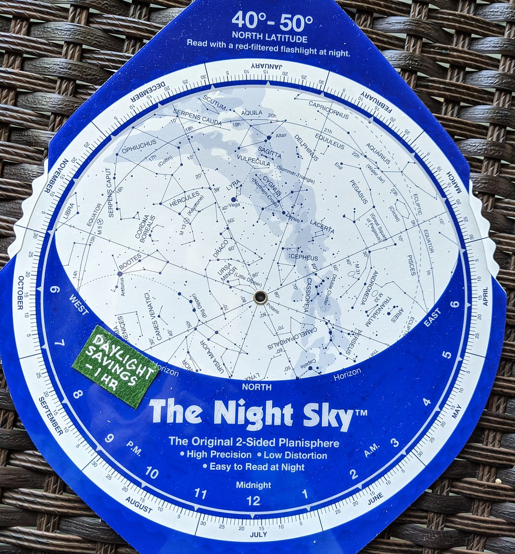 Night sky planisphere for 40°–50° north latitude, set for September 1 at 9 p.m. Eastern Standard Time.