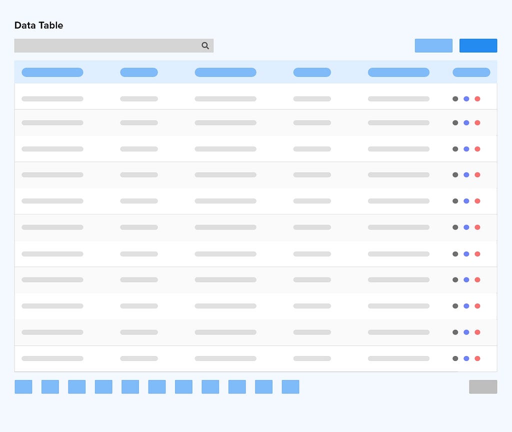 A mock image of data table with search, action buttons, rows, columns, row level actions, pagination