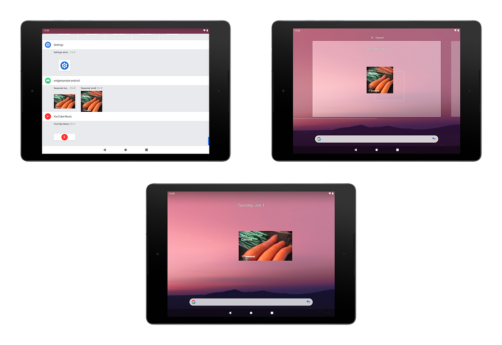 Three screenshots of an Android tablet with the widget preview of a widget with the size 2x2, the widget before dropping it on the screen and after dropping it on the screen