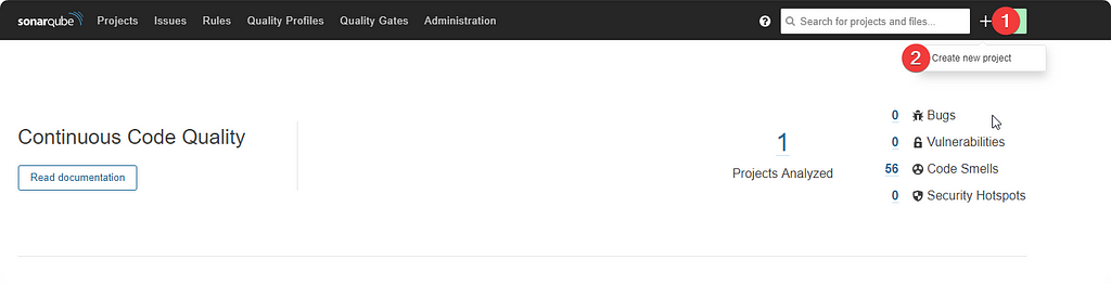 SonarQube dashboard new project creation direction