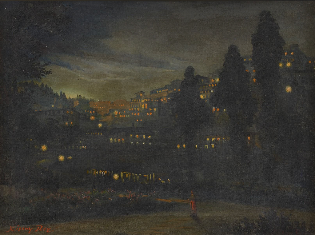 Dark painting, dimly light of an Indian city on a hill with lights illuminating the foggy skies, and in the foreground, very small a young woman in a red dress stands near some trees.