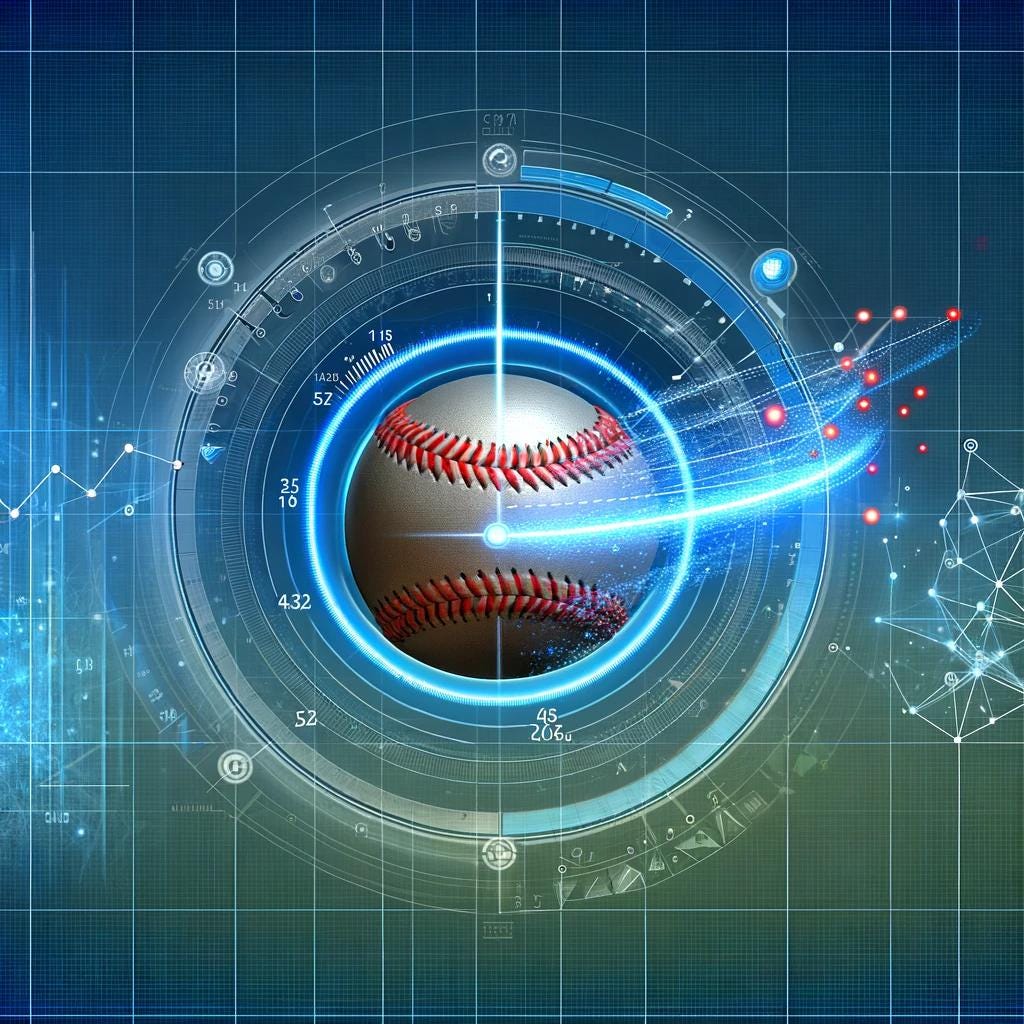 illustration of a baseball being tracked by a computer vision system. The image shows the baseball in motion with a trail indicating its path, surrounded by abstract representations of digital data and computer vision algorithms.