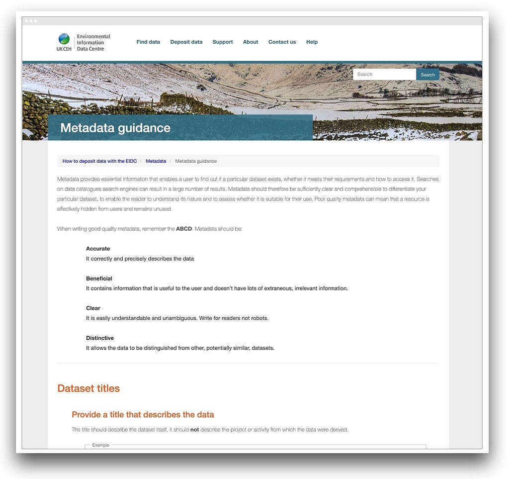 Screenshot of the Environmental Information Data Centre (EIDC) metadata guidance page