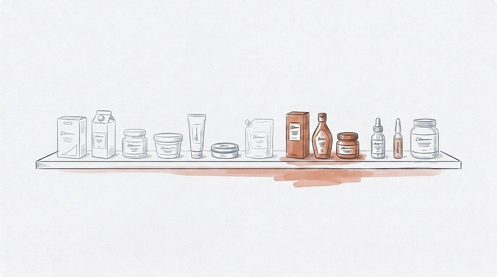 A long shop shelf of boxes, jars, tubes and bottles drawn in faint grey outline, with two or three picked out in solid terracotta.