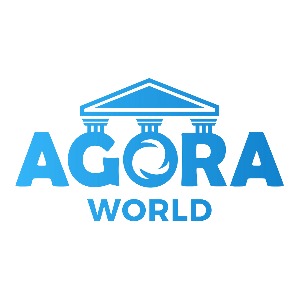 Agora World blue logo — a portal with a roman forum building behind it